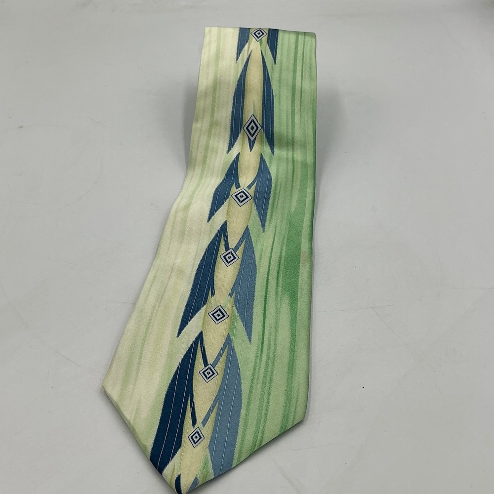 Stacy Adams Necktie/Pocket Square Set Long Green Blue Silk Geometric Abstract